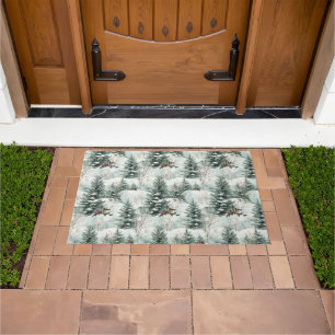 Christmas Pattern with Snowy Forest and Pine trees Doormat