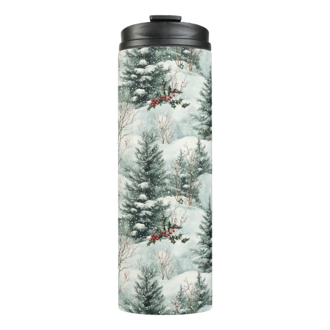 Christmas Pattern with Snowy Forest and Pine trees Thermal Tumbler (Front)