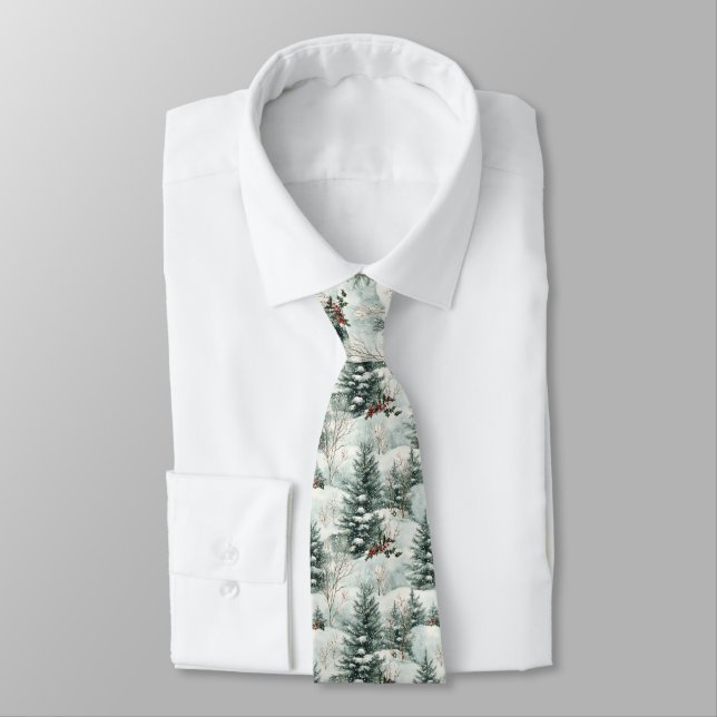 Christmas Pattern with Snowy Forest and Pine trees Tie (Tied)