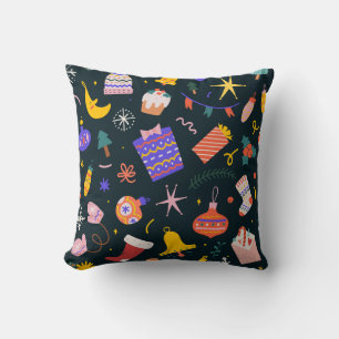 christmas patterned cushion gifts, bells and socks