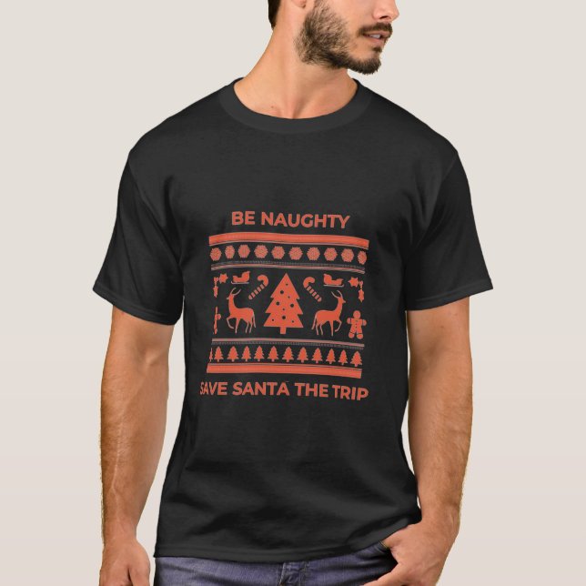 Christmas Patterned With Candy Canes Tree Reindeer T-Shirt (Front)