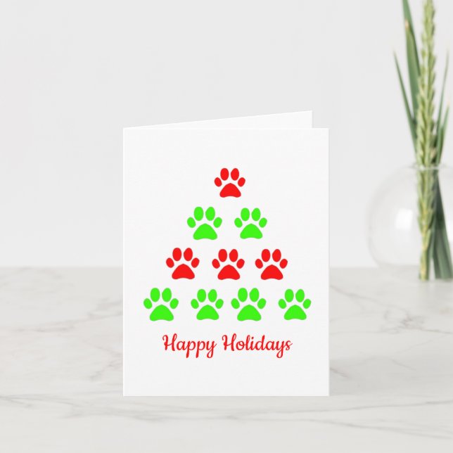 Christmas paw pet tree design pattern green red   card (Front)