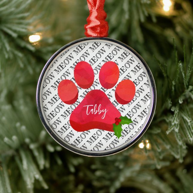 Christmas Paw Print Meow Cat NAME Holly Fun Metal Tree Decoration (Tree)