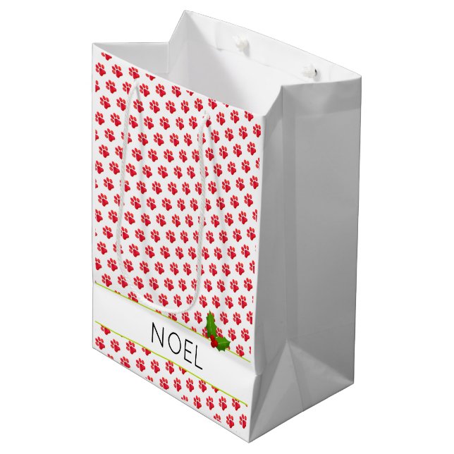 Christmas Paw Prints Holly Name Holiday Fun Medium Gift Bag (Front Angled)