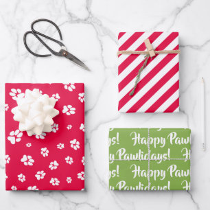 Christmas Paw prints Pattern Red Happy Pawlidays Wrapping Paper Sheet