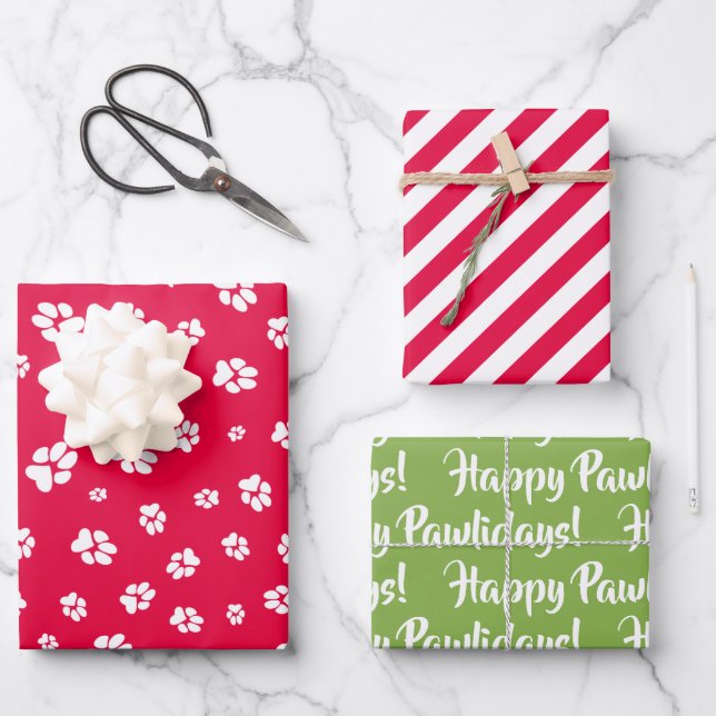 Christmas Paw prints Pattern Red Happy Pawlidays Wrapping Paper Sheet (Front)