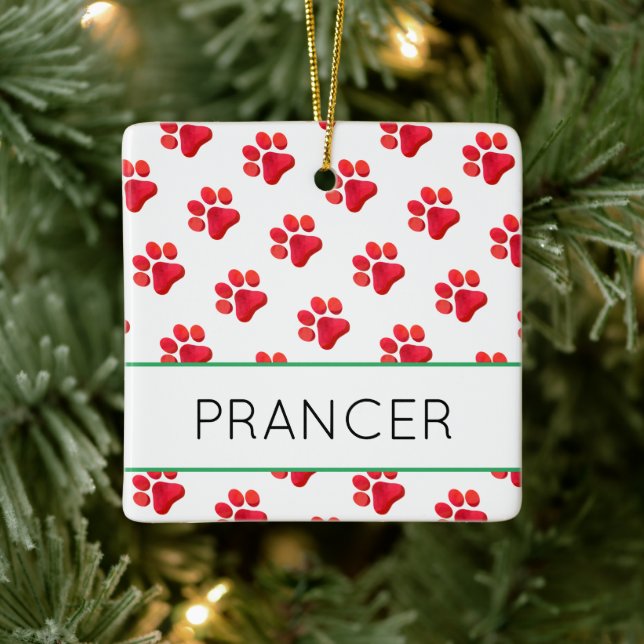 Christmas Paw Prints Red PET NAME Holiday Fun  Ceramic Ornament (Tree)