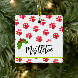Christmas Paw Prints Red Pet Name Holiday Fun Ceramic Ornament