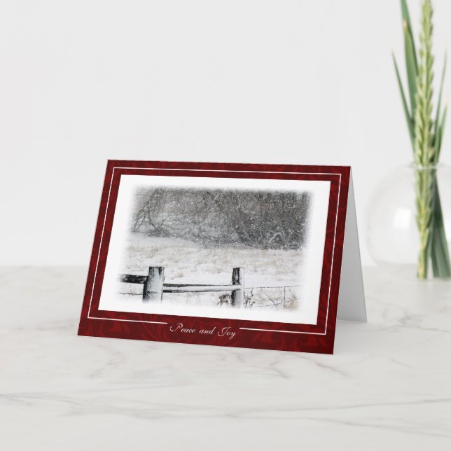 Christmas Peace and Joy Snowy Winter Scene Holiday Card (Front)