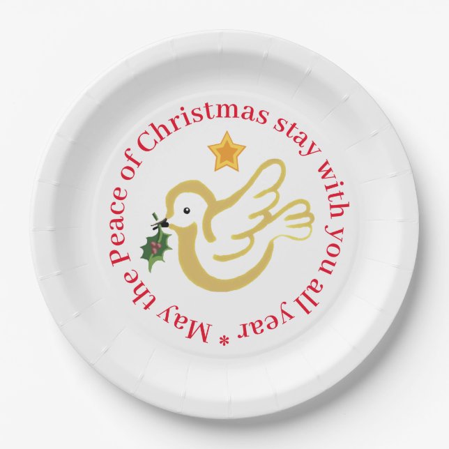 Christmas Peace dove with holly Paper Plate (Front)