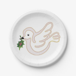 Christmas peace dove with holly paper plate