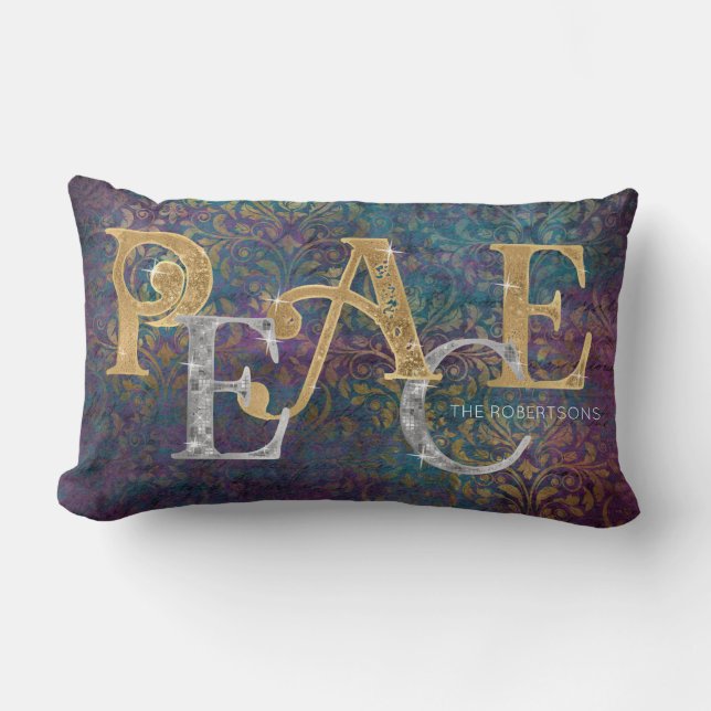 Christmas Peace Gold n Silver Peacock Colours Phot Lumbar Cushion (Front)