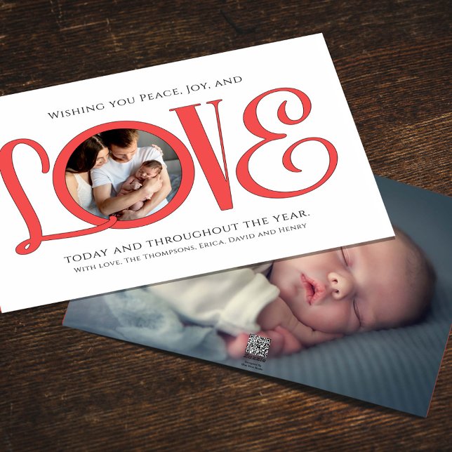 Christmas Peace Joy and Love Cute Modern 2 Photo  Holiday Card (Christmas holiday "Love" typography greeting card with photo template. )