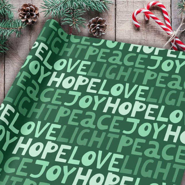 Christmas Peace Joy Hope Love Light Green Pattern Wrapping Paper (Creator Uploaded)