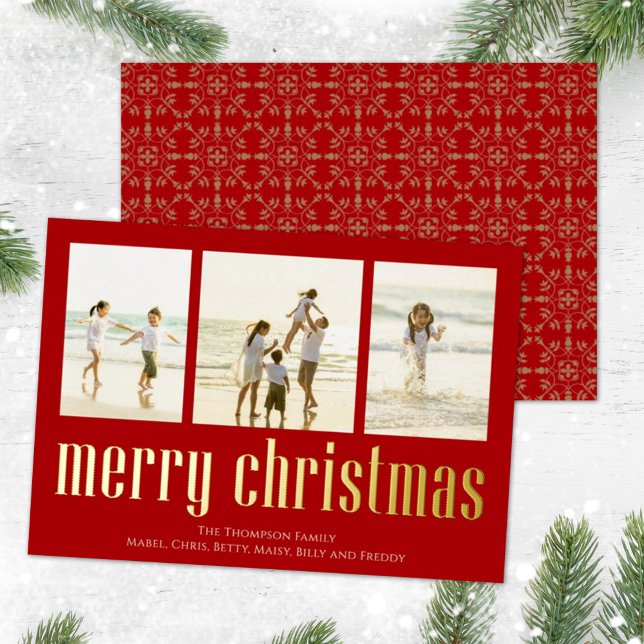 Christmas Peace Joy Love Red Snowflake 3 Photo Foil Holiday Card (Creator Uploaded)