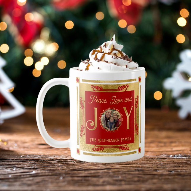 Christmas Peace Love and Joy Family Photo Coffee Mug (Christmas Peace, Love and Joy Family Photo Coffee Mug - Christmas Red and Faux Gold)