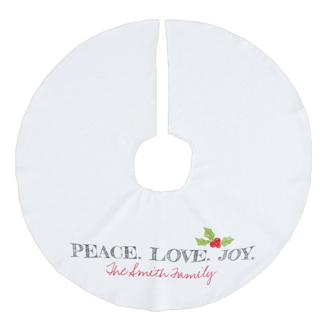 Christmas Peace Love Joy Family NAME Holly Festive Faux Linen Tree Skirt (Front)