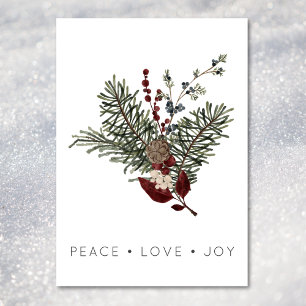 Christmas Peace Love Rustic Minimal Holly Pine Holiday Card