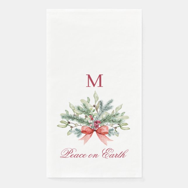 Christmas Peace on Earth Red Monogram Greenery Napkin (Front)