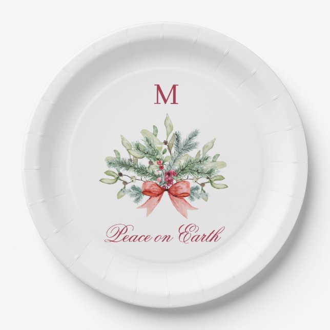 Christmas Peace on Earth Red Monogram Greenery Paper Plate (Front)