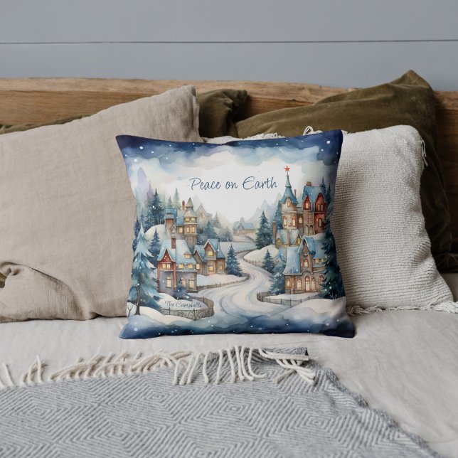 Christmas Peace on Earth Snowy Village Family Name Cushion (Add serene holiday charm to your home with a peaceful snowy village evening winter scene.)