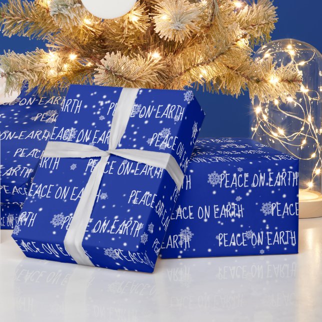 Christmas PEACE ON EARTH Text and Snowflakes Wrapping Paper (Holidays)