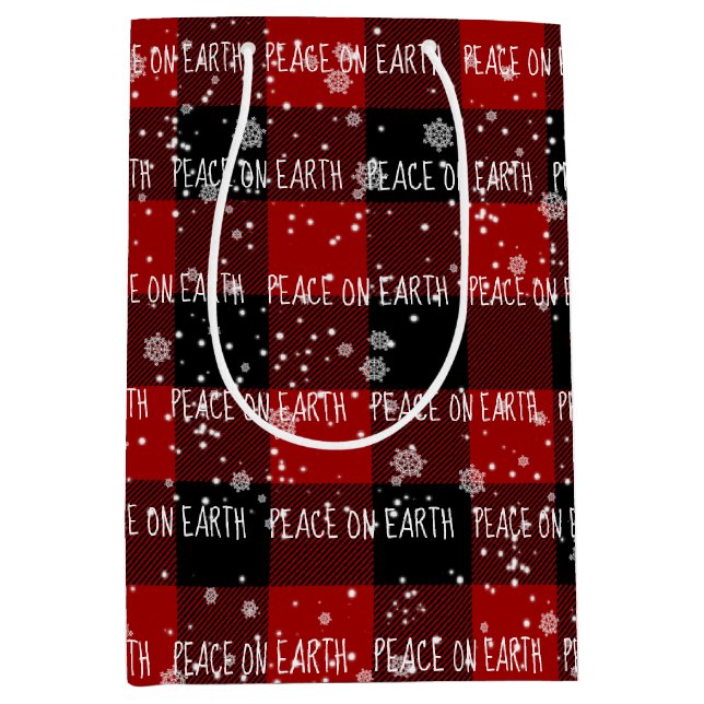 Christmas PEACE ON EARTH Text In Snowflakes Medium Gift Bag (Front)