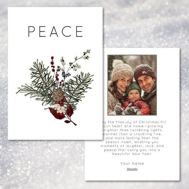 Christmas Peace Rustic Minimal Holly Photo Holiday Card (Christmas Peace Rustic Minimal Holly Photo Holiday Card)