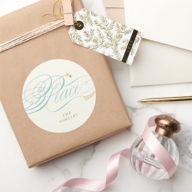 Christmas Peace Script Calligraphy Foliage Classic Classic Round Sticker (Gifting)