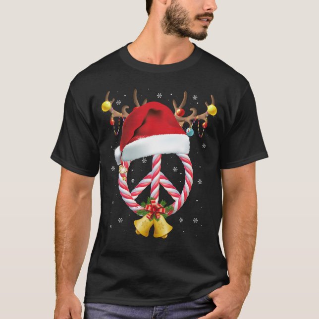 Christmas Peace Sign Candy Cane Santa Peace Symbol T-Shirt (Front)
