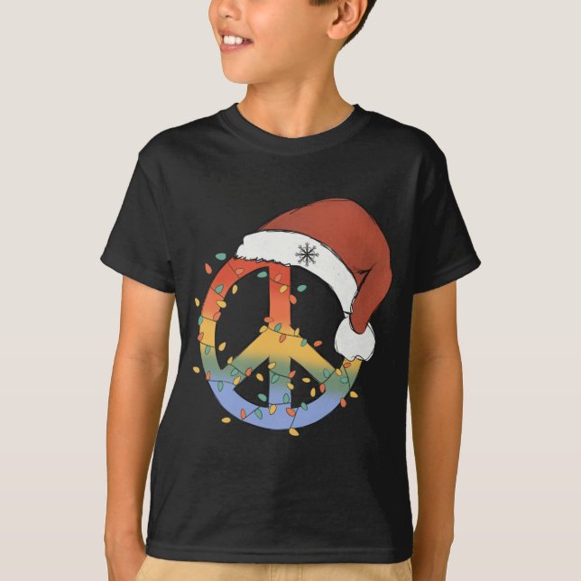 Christmas Peace Sign Santa Hat Peace Christmas T-Shirt (Front)