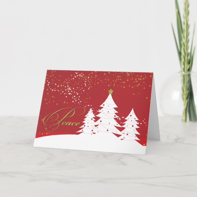 Christmas Peace White Trees on Red with Gold Look Card (Front)