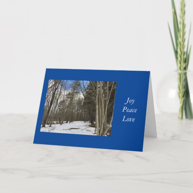 Christmas Peace Winter Woods Scene Blue Holiday Card (Front)
