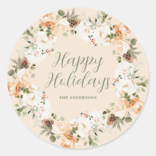 Christmas Peach Floral Pine Wreath Name Classic Round Sticker