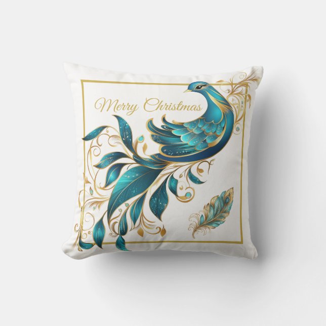 Christmas Peacock and Feather Cushion (Front)
