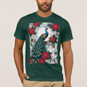 Christmas Peacock And Poinsettias T-Shirt
