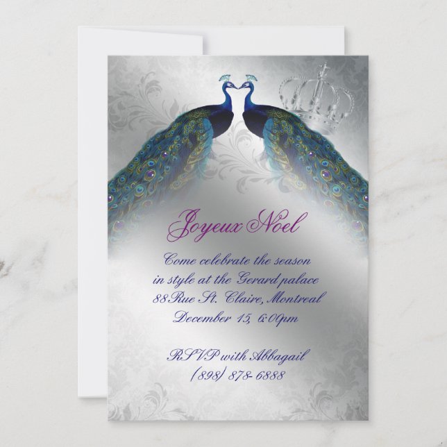 Christmas Peacock Card Invite Blue Silver Joy (Front)