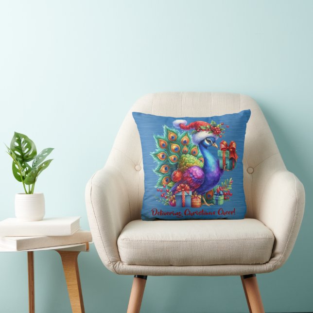 Christmas Peacock In Santa Hat Delivering Cheer Cushion (Chair)