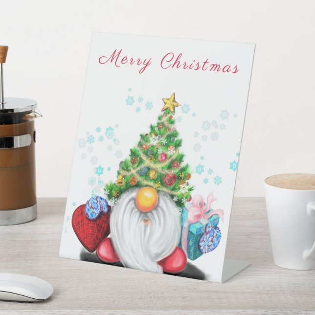 Christmas Pedestal Sign Gnome with Gift (In SItu)