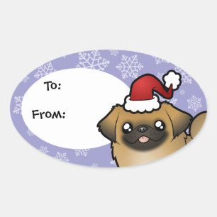 Christmas Pekingese (puppy cut) Oval Sticker