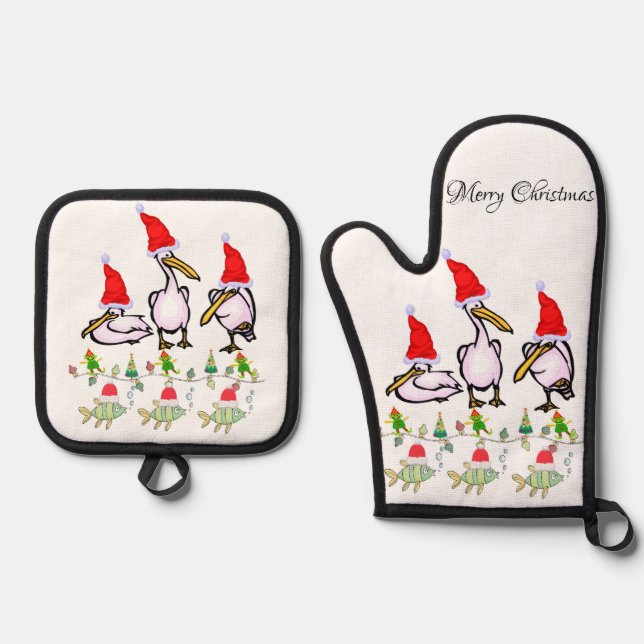 Christmas Pelican Oven Mitt & Pot Holders  Holder Set (Front)