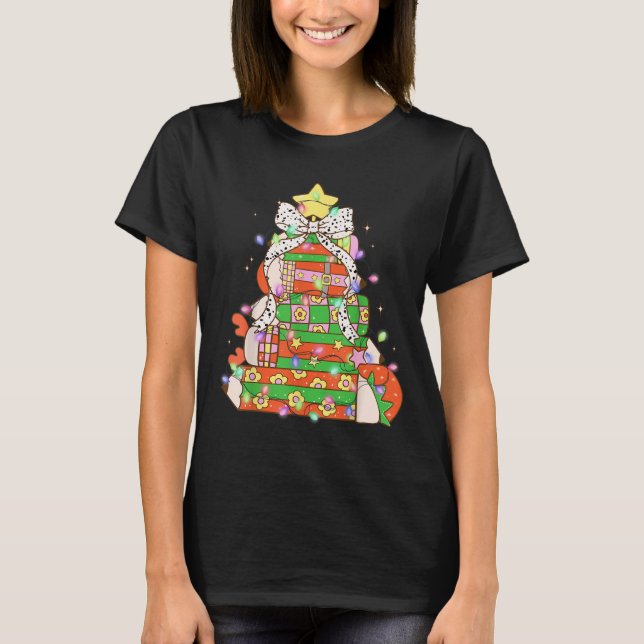Christmas Pencil Tree Lights Coquette Bow Teacher  T-Shirt (Front)