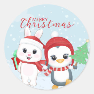 Christmas Penguin and Bunny Classic Round Sticker