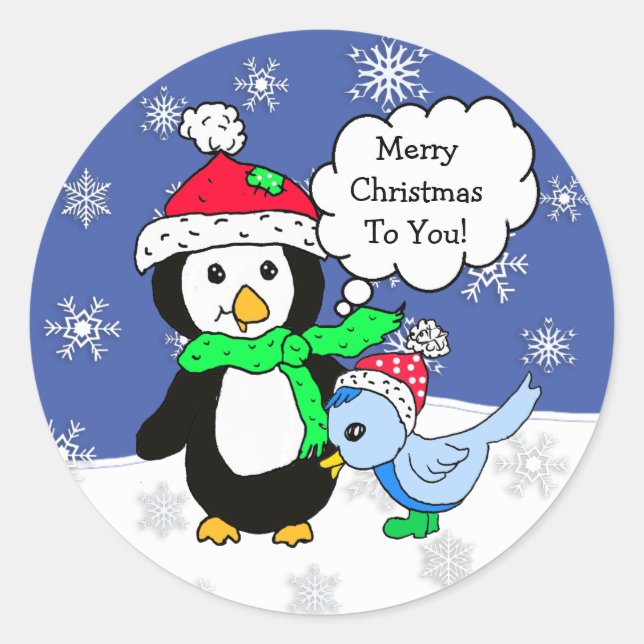 Christmas Penguin and Snow Blue Bird Classic Round Sticker (Front)