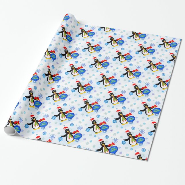 Christmas Penguin and Snowflakes Wrapping Paper (Unrolled)