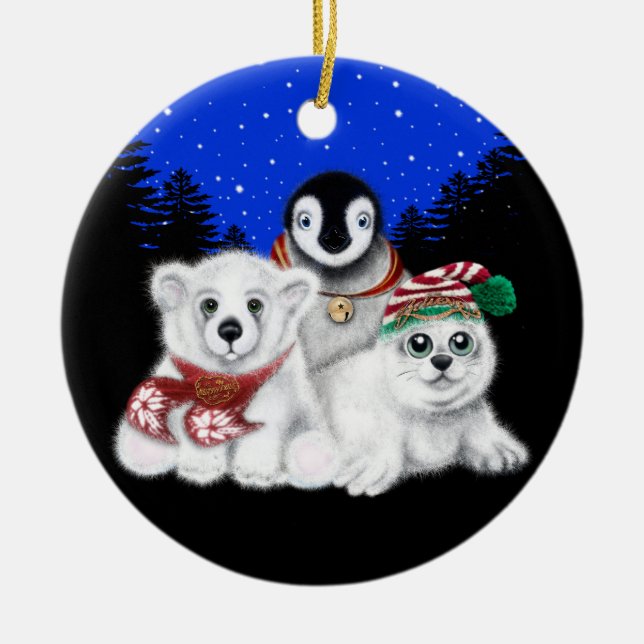 Christmas penguin baby polar bear seal pup  ceramic tree decoration (Front)