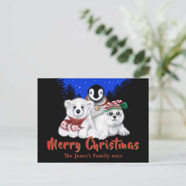 Christmas penguin baby polar bear seal pup  postcard (Standing Front)