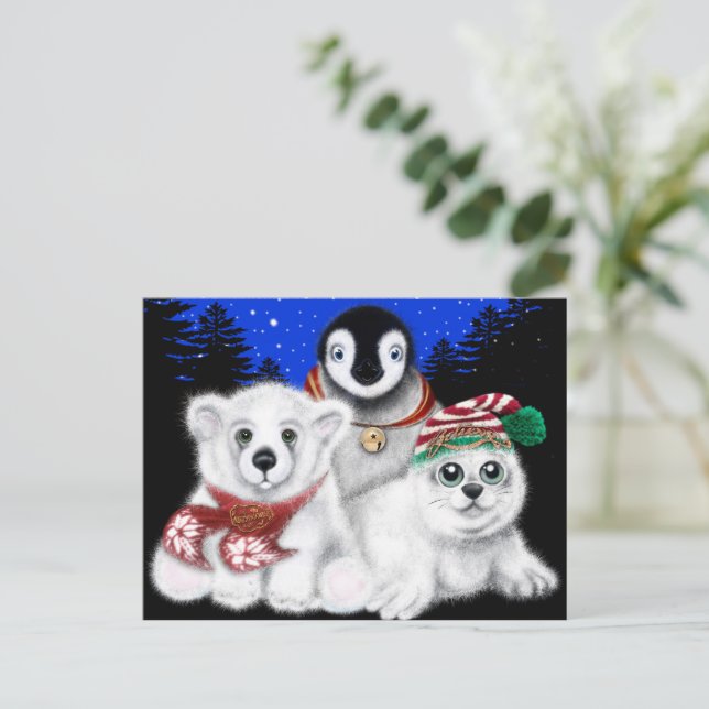 Christmas penguin baby polar bear seal pup  postcard (Standing Front)
