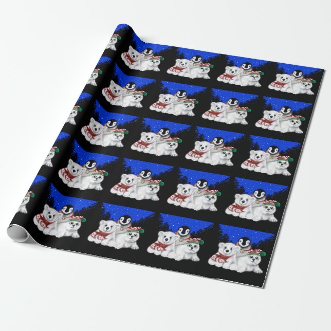 Christmas penguin baby polar bear seal pup  wrapping paper (Unrolled)