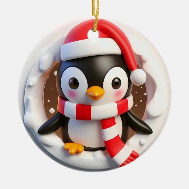 Christmas Penguin Bursting Out Ceramic Tree Decoration (Front)